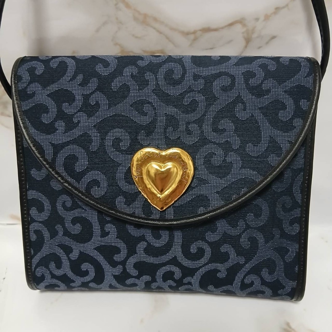 Yves Saint Laurent Shoulder Bag Navy Heart fittings Arabesque W:9.1 × H:7.9 in.