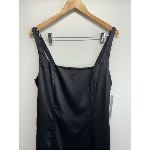 AQUA Mini Satin Dress Size Large Black Square Neck Sleeves Exclusive NEW
