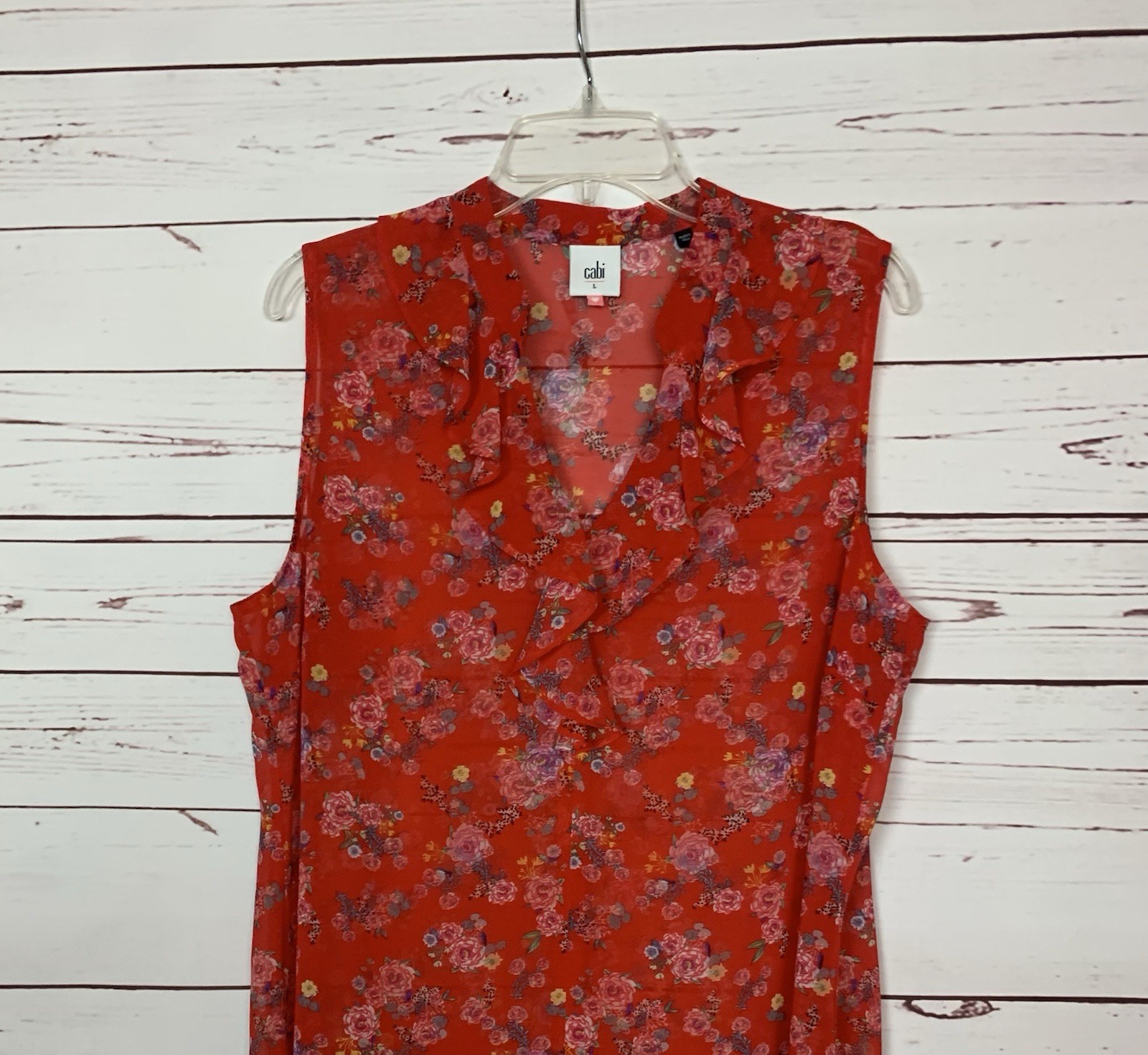 CAbi Women’s L Large Red Floral Ruffle Sleeveless Sheer Summer Top Blouse