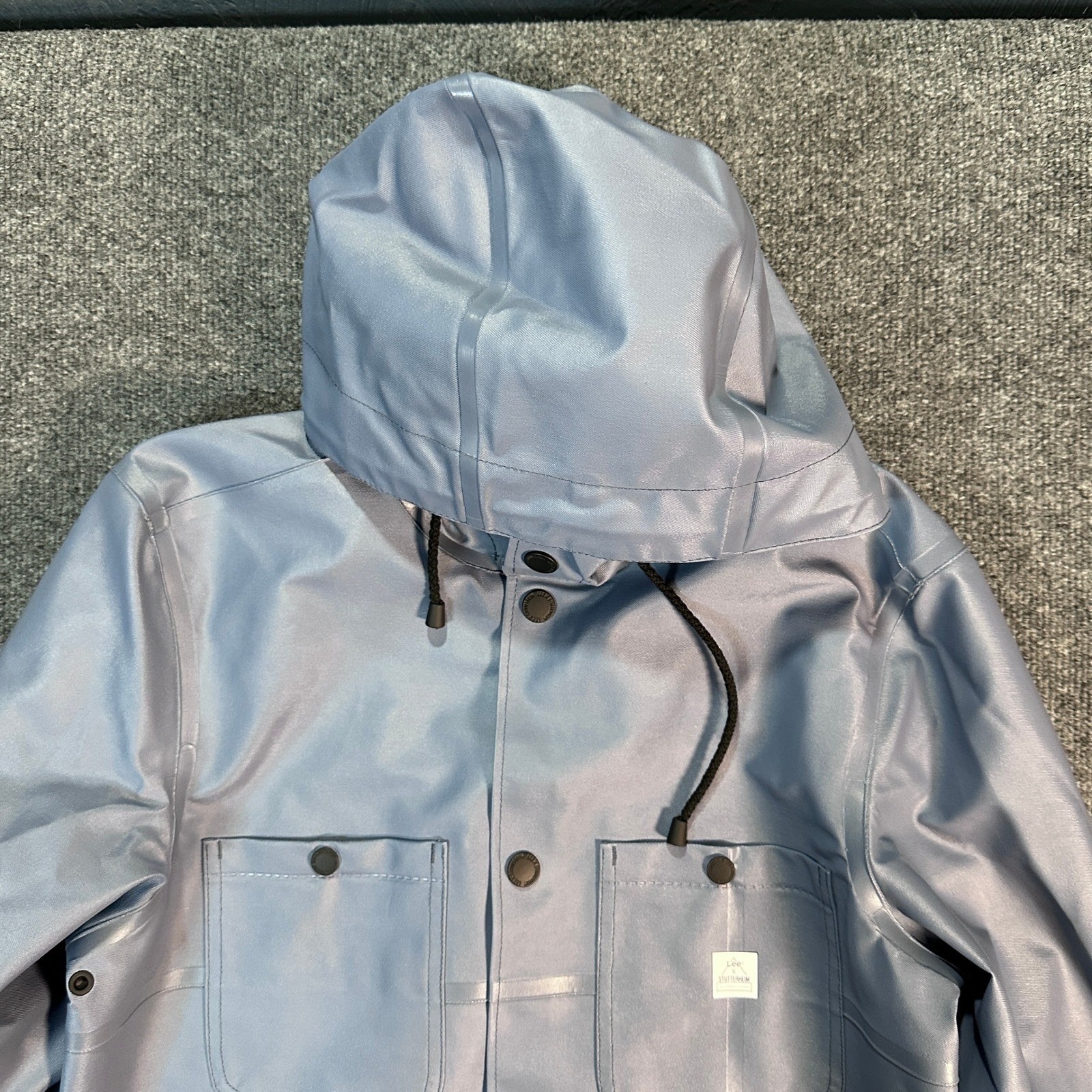 NWT Lee x Stutterheim Trench Coat Ash Blue Rubberized Rain Jacket Hooded Size XL
