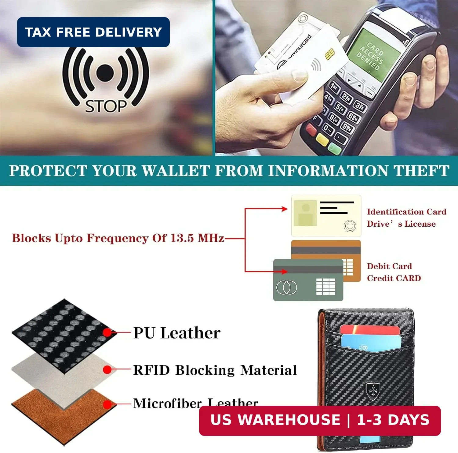 Men Wallet Leather Slim Bifold RFID Blocking Minimalist Front Pocket Card Holder