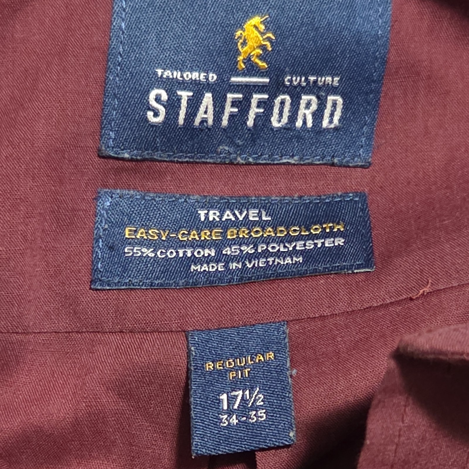 Stafford Easy Care Broadcloth Dress Shirt Burgundy Solid 17.5 34/35 Regular