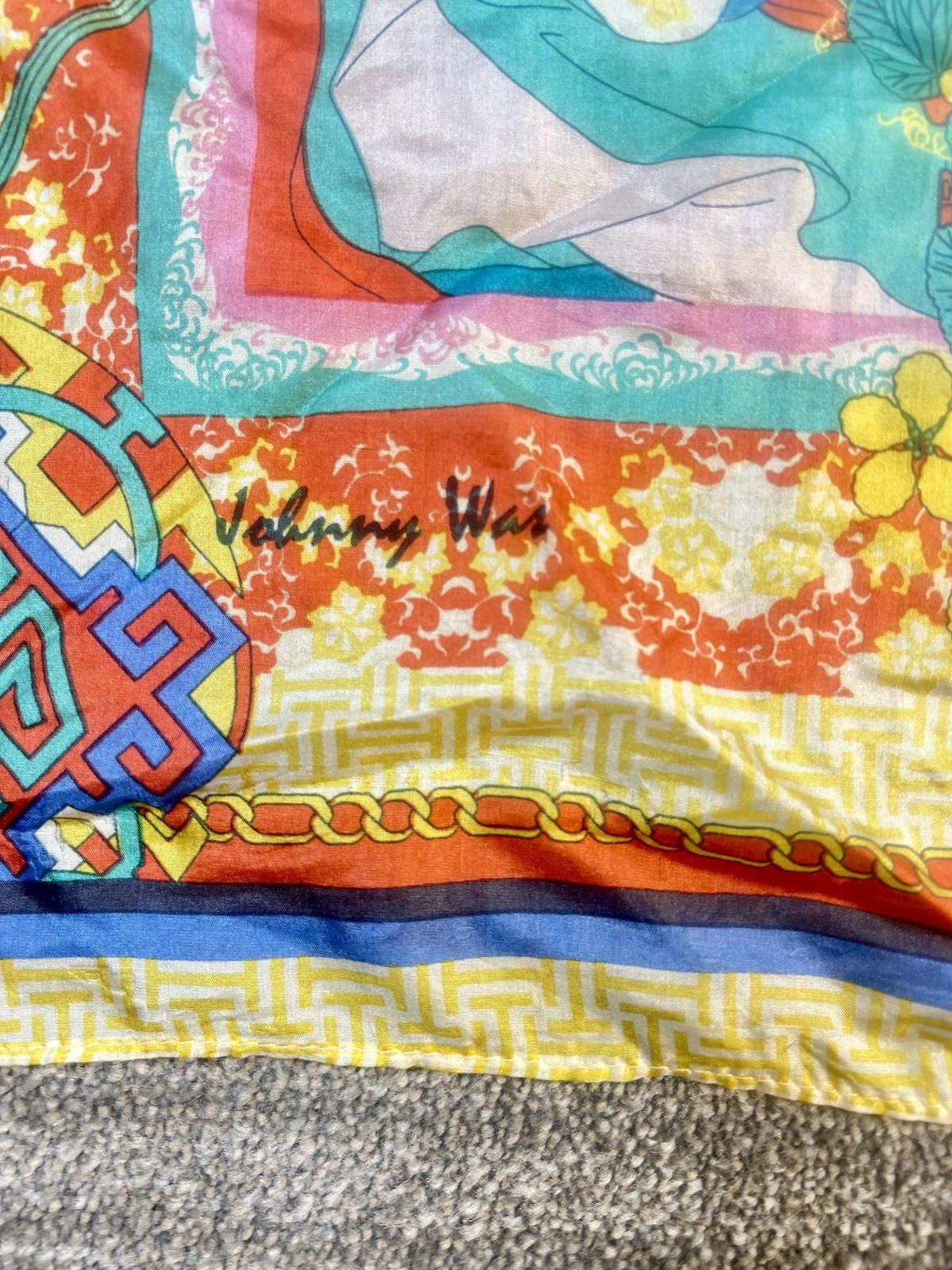 Beautiful Johnny Was Square Silk 43” Scarf Or Wrap Tassels Geisha Asian Oriental