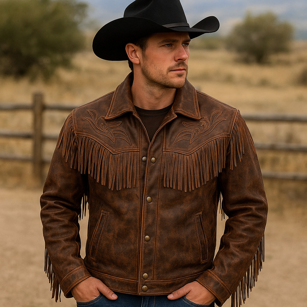 Mens Western Fringe Cowboy Jacket Distressed Brown Real Leather Coat Rodeo