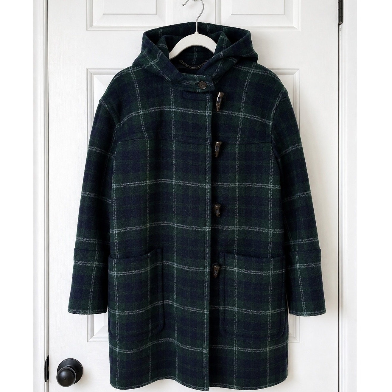 J.Crew Wool-Blend Hooded Toggle-Button Duffle Coat – Black Watch Plaid – Size 2