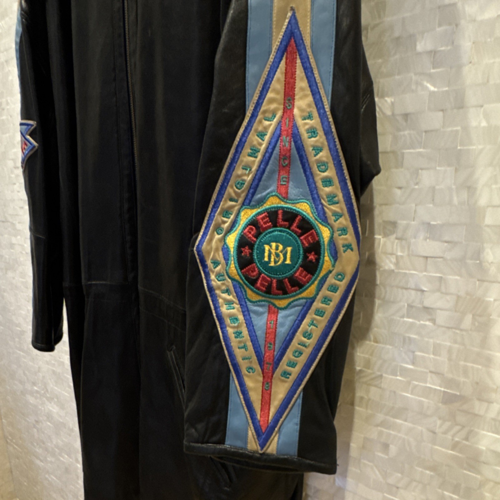 Marc Buchanan Leather Jacket Striped Logo Men’s Black Blue Beige Size 44