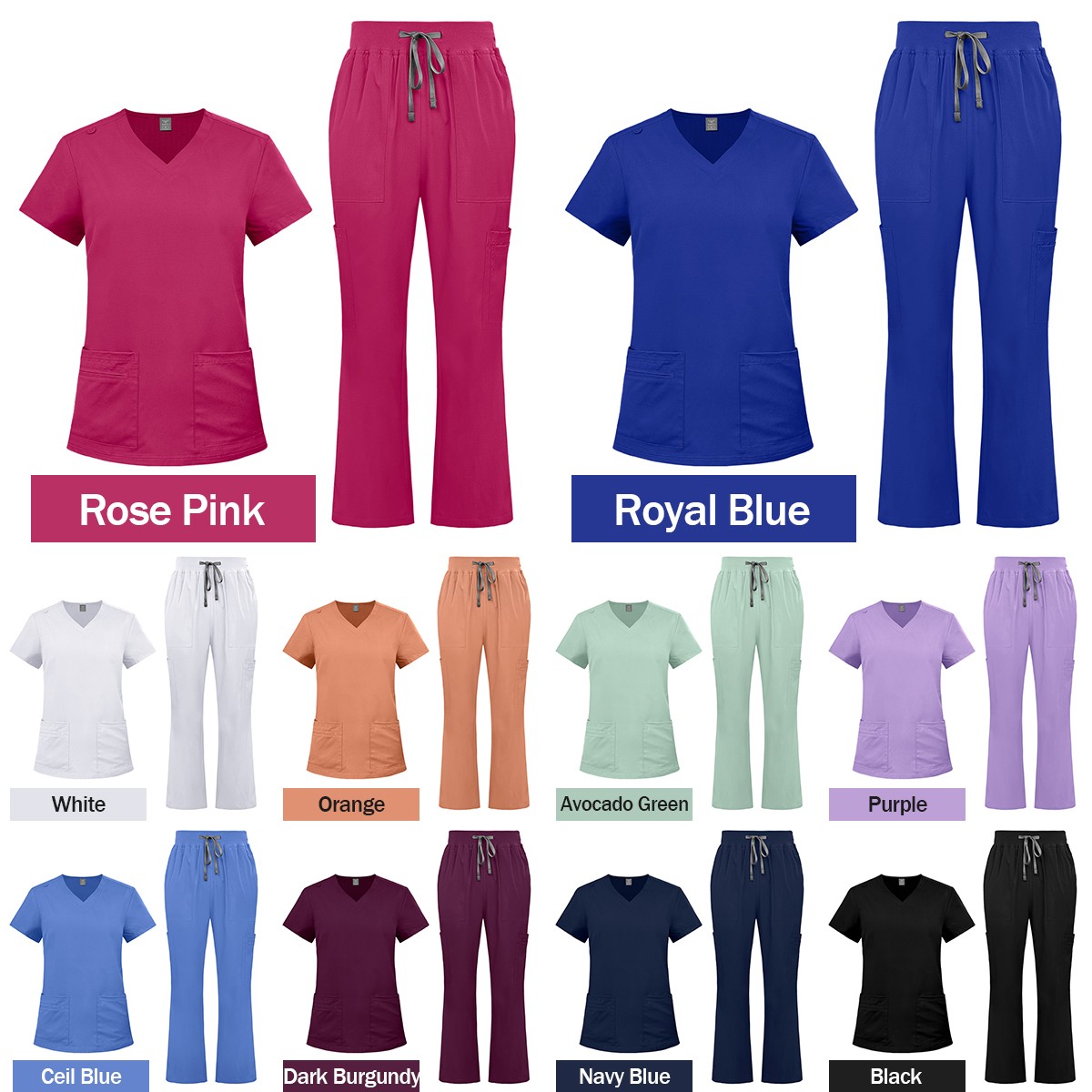 2025 Nursing Medical Scrub Set Flare Pants Drawstring Multi-pocket Comfortable