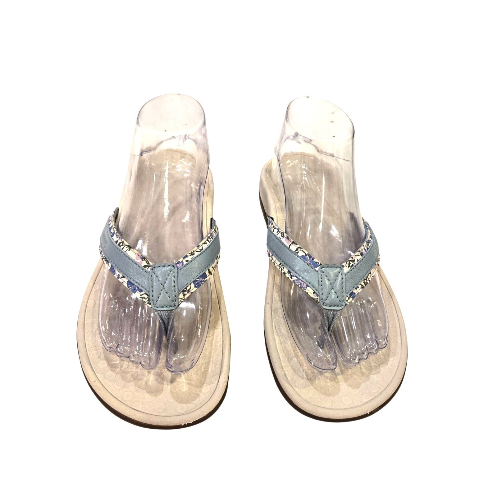 Vionic Tide Toe Blue Floral Leather Orthotic Comfort Flip Flops Thongs Sandals 8