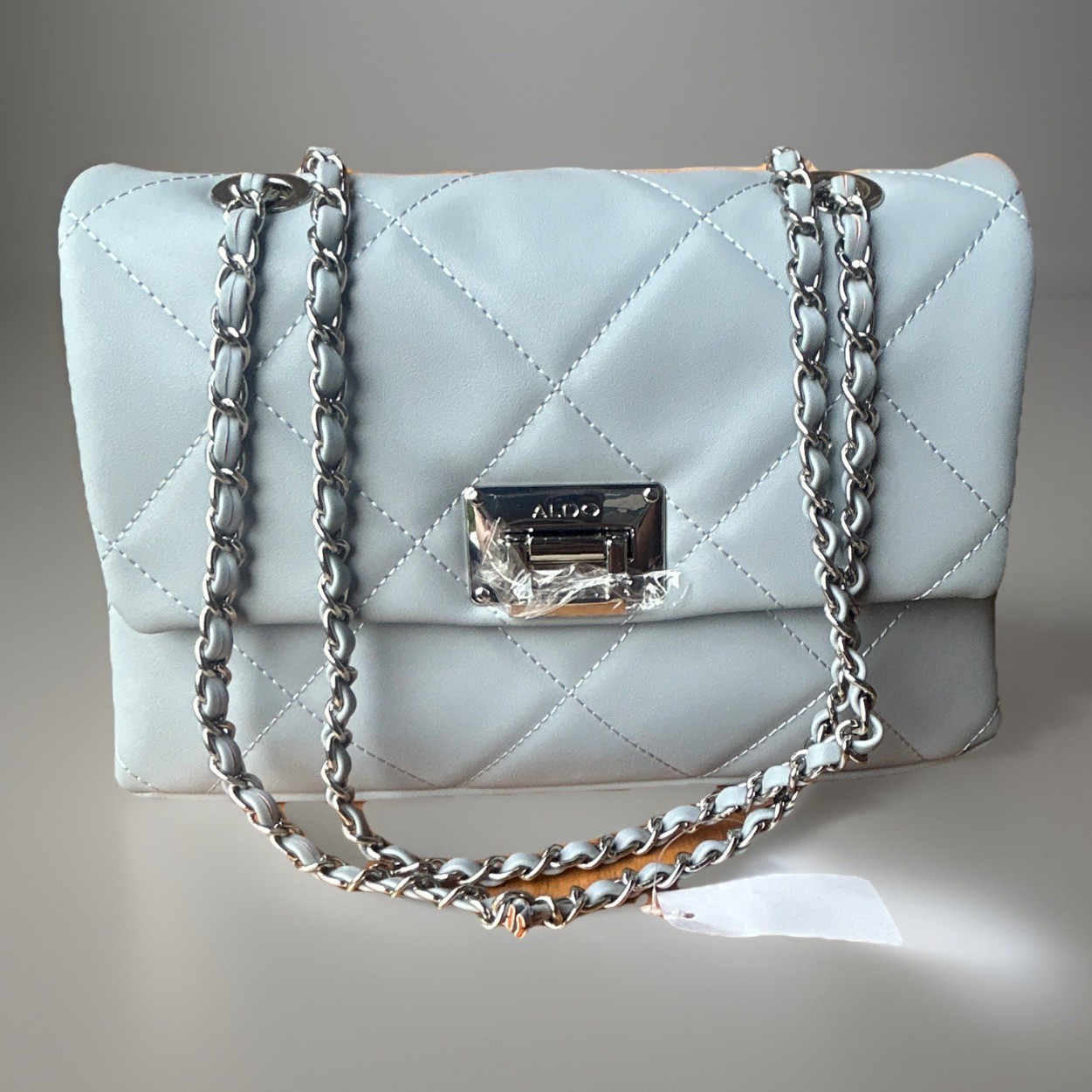ALDO Light Blue Quilted Shoulder Bag, Chain Strap, Turn Lock, Pockets