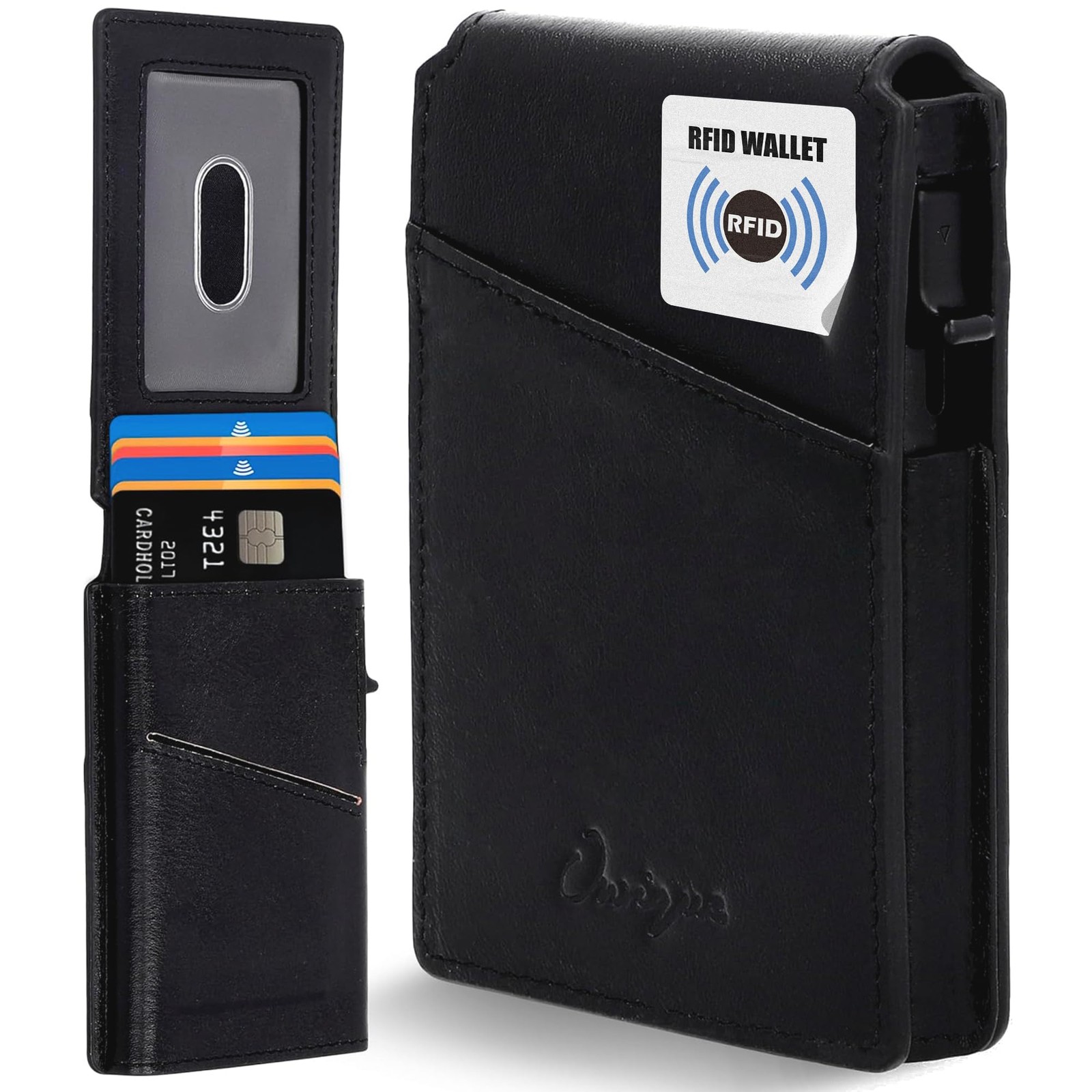 Onrique RFID Wallet for Men, 10 Pop Up Cardholder 4 x 2.6 x 0.6 inches, Black