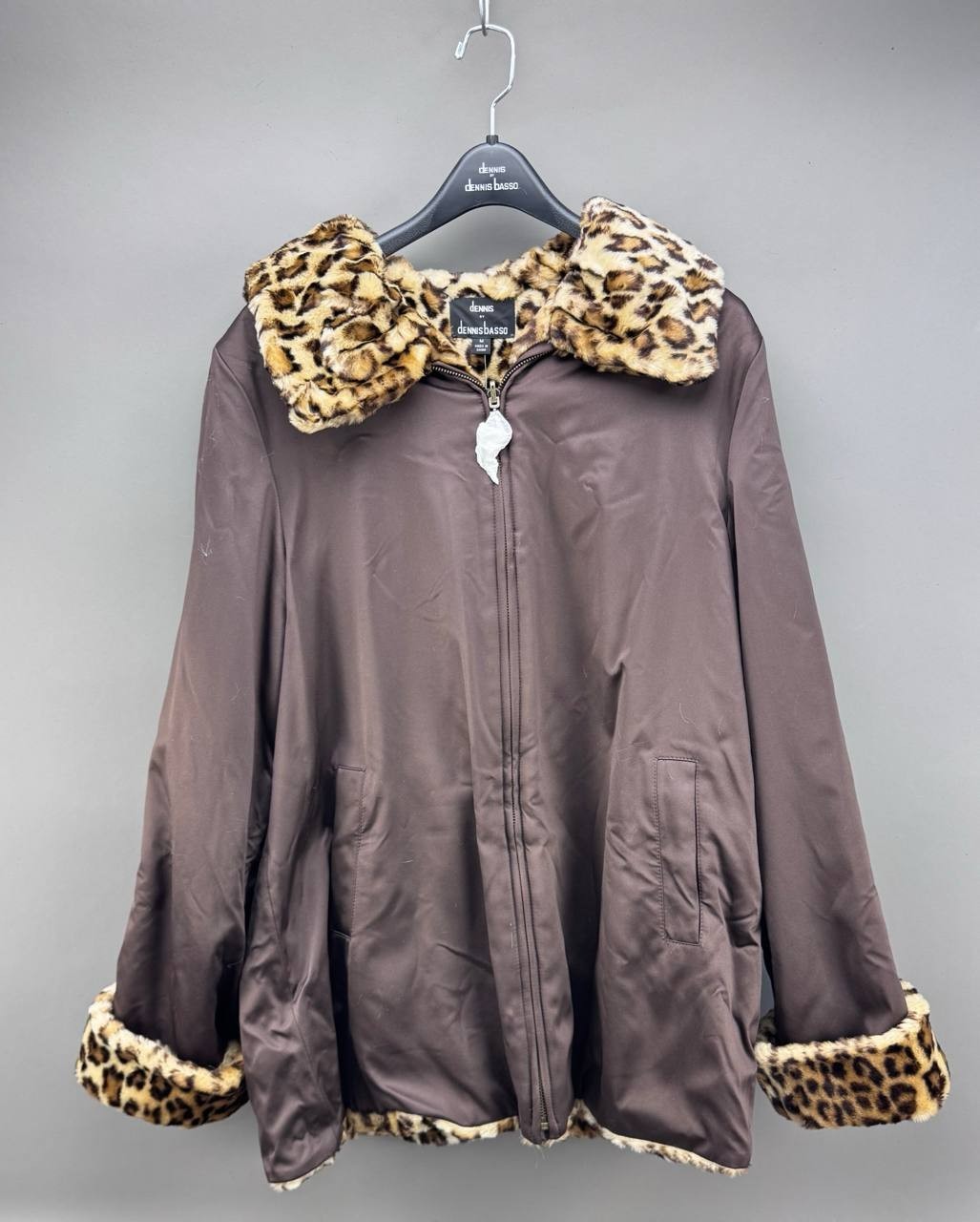 Dennis by Dennis Basso Womens Brown Leopard Print Double Sided Faux Fur Coat M