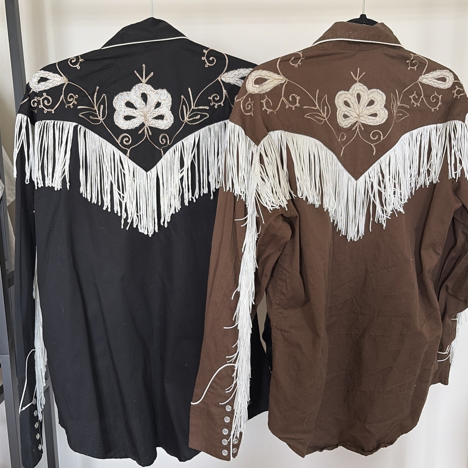 2 Tru-West Rockmount Ranch Wear Brown Black Long Sleeve Snap Fringed Mens Small