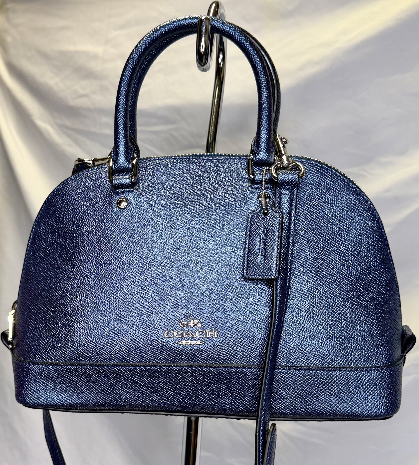 COACH Sierra Metallic Navy Blue Crossgrain Dome Satchel Crossbody Bag MINI SIZE