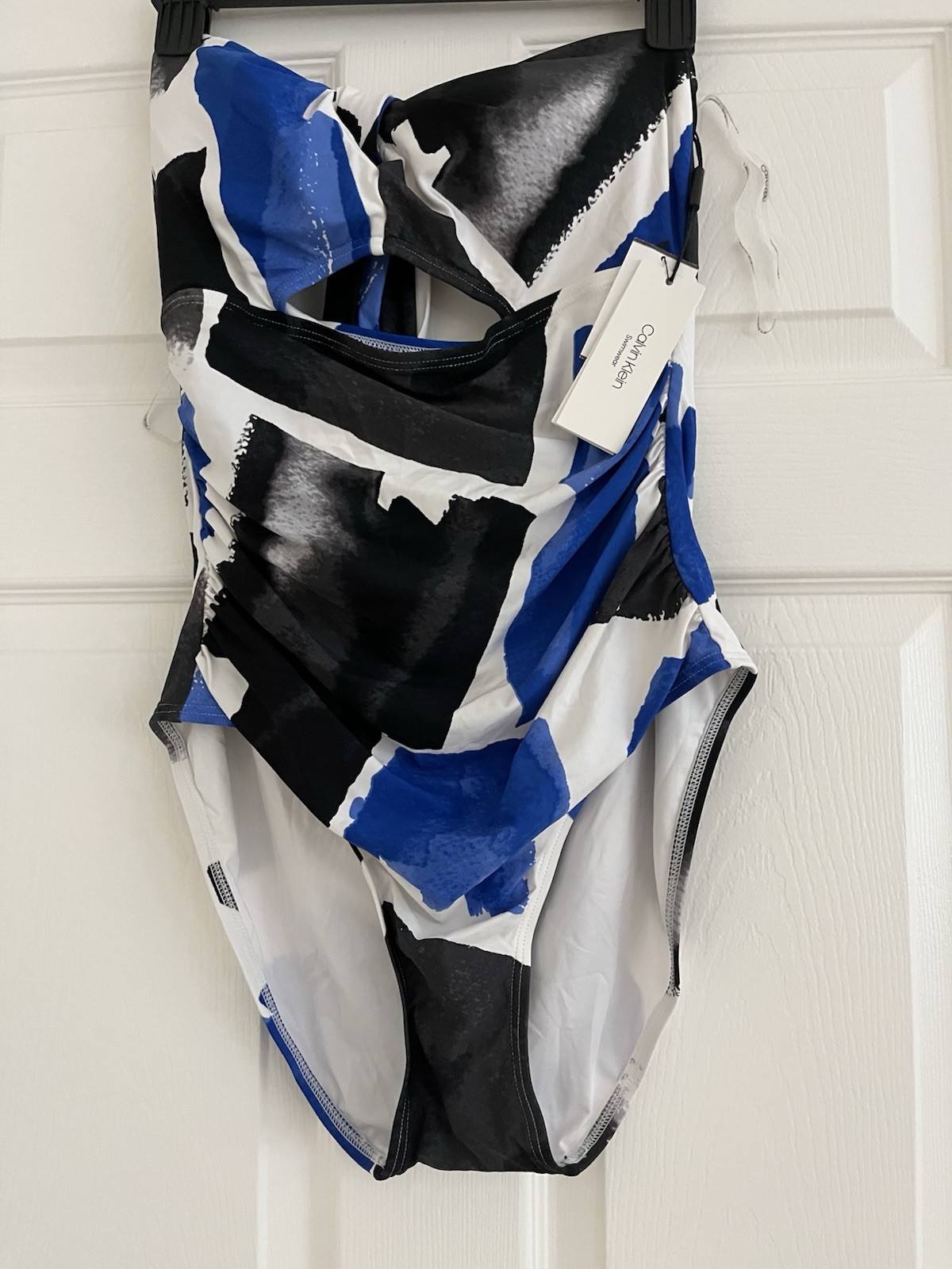 Calvin Klein Women’s One-Piece Swimsuit 14 Halter Cut-Out Abstract Blue/Black