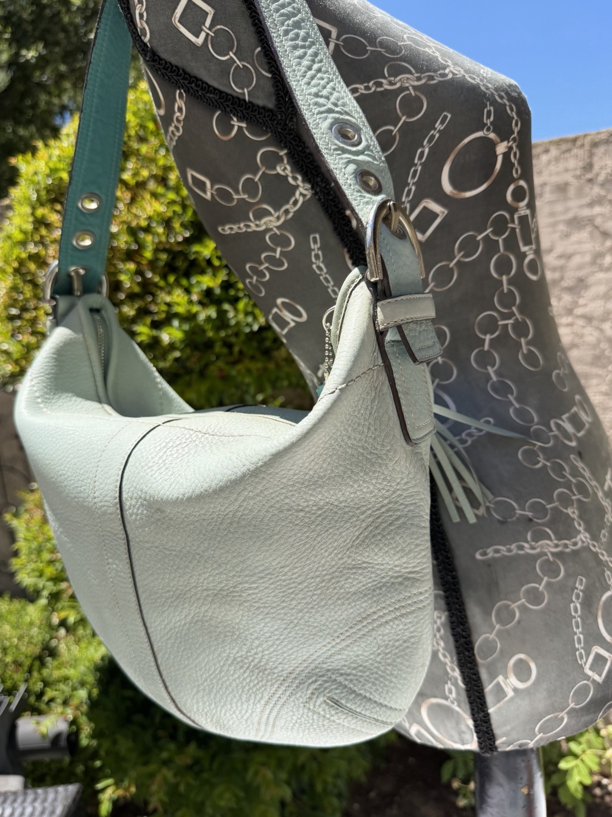 *worn* Vintage Y2K Coach 3227 Baby Blue Pebbled Leather Soho Hobo Shoulder Bag