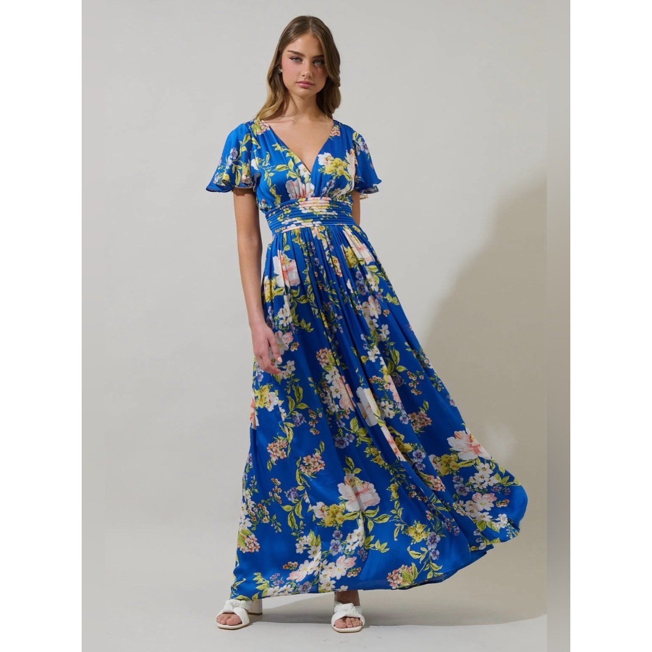 NWT Sugarlips Royal Blue Floral Maxi Dress with V-Neck XS Wedding Guest Vacation