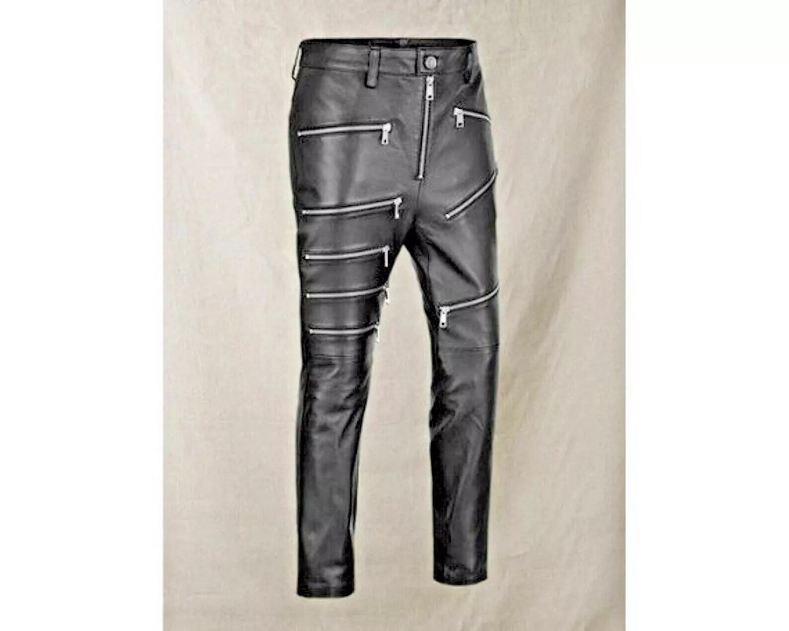 Men’s Black Leather Zipper Biker Pants Real Lambskin Custom Size 28 to 40 – 002