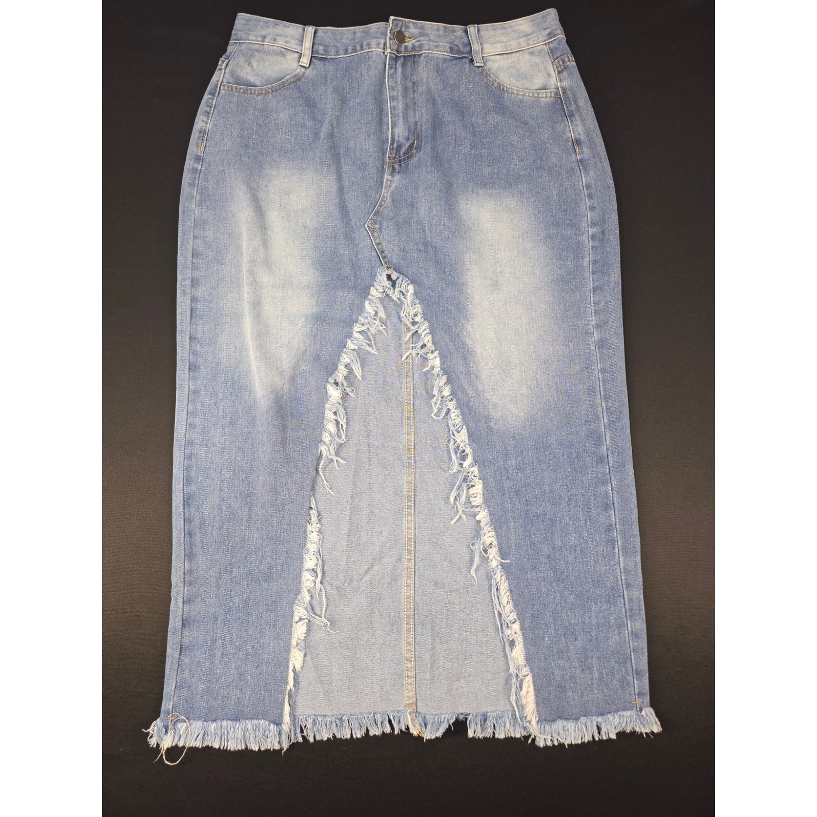 Womens XXL Denim Jean Skirt 34×36 Distressed Raw Hem Medium Wash Midi Skirt