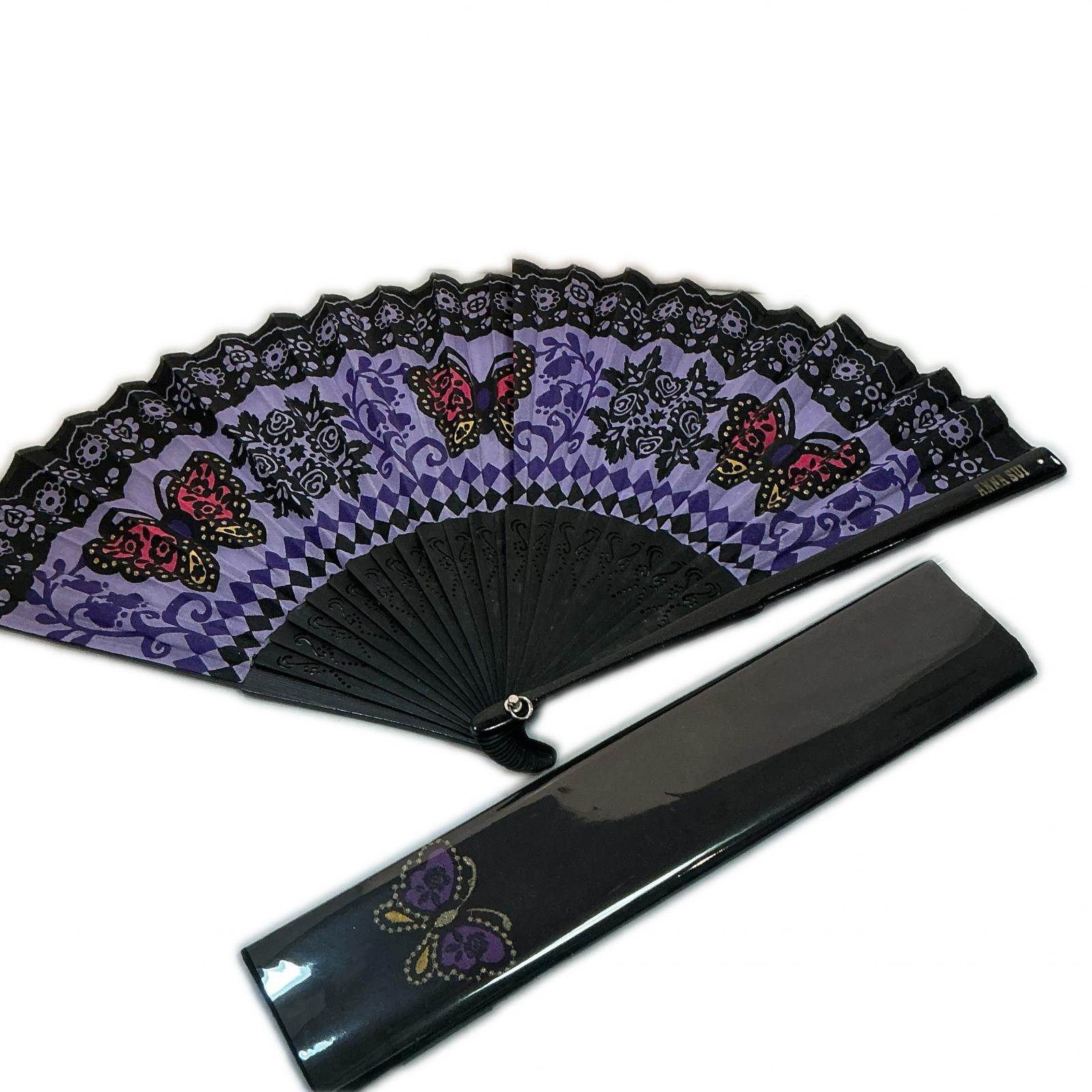 ANNA SUI Folding Fan Black Purple Butterfly Motif With Box Used Decor Gift Set