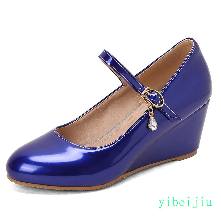 Women’s Mid Wedge Heels Mary Jane Shiny Leather Dress Wedding Shoes Rhinestone