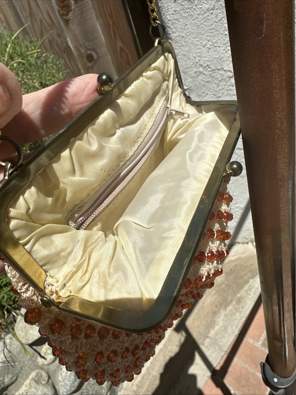 Vintage Crochet Sparkling Brown Garnet Crystal Beads Evening Bag Handbag Purse
