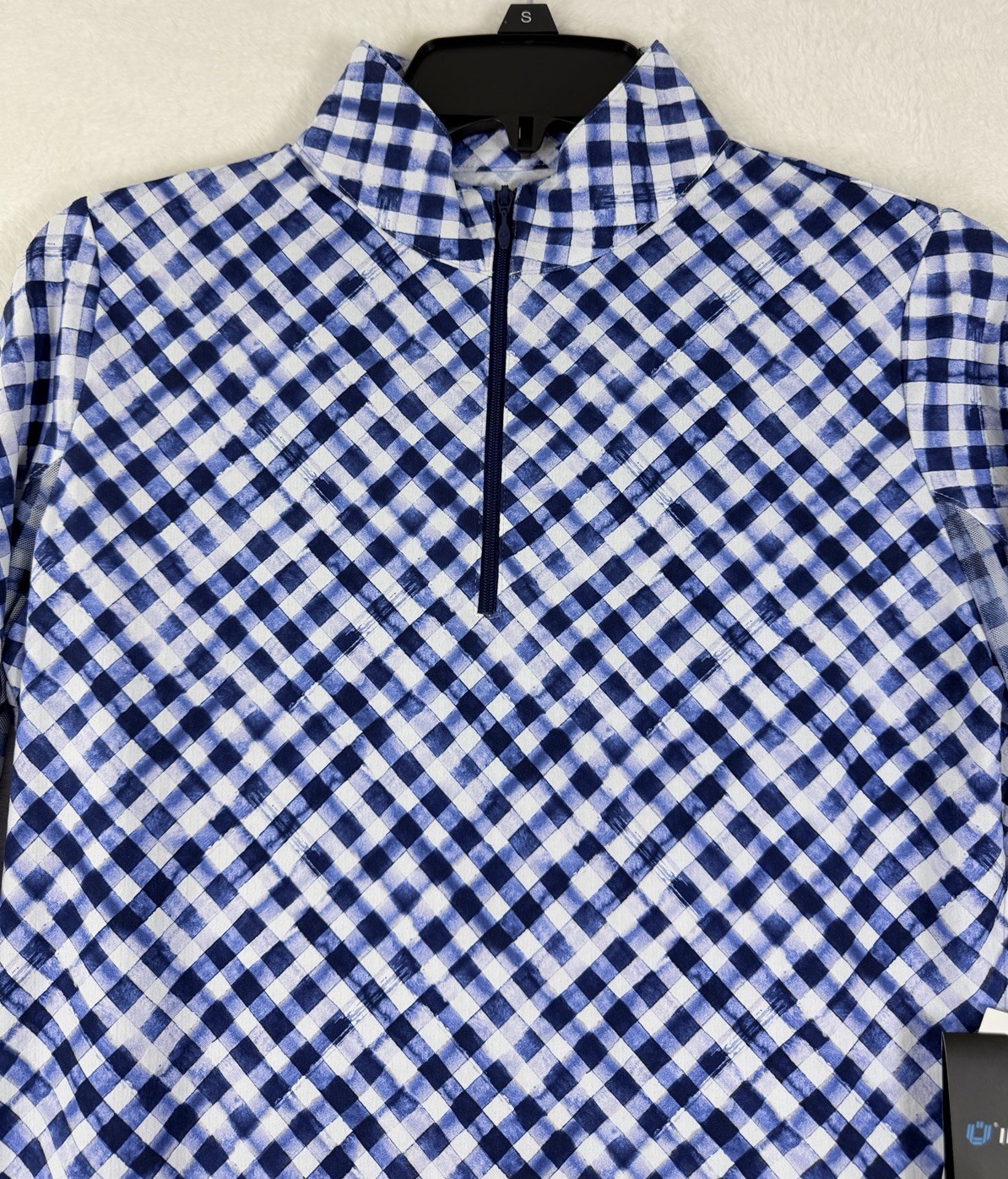 IBKUL Womens Long Sleeve Top Small 1/4 Zip Mock Neck Blue Gingham Check Golf
