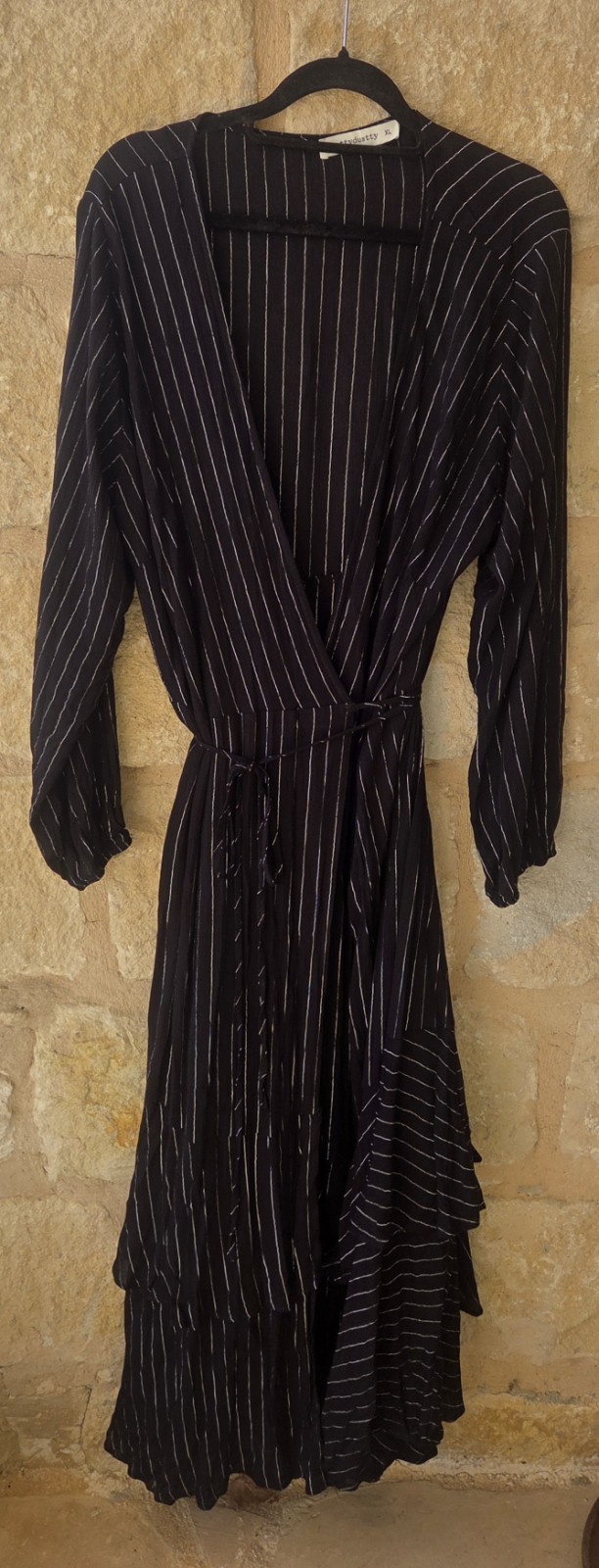RusttyDustty Black Pinstripe Long Sleeve Wrap Dress