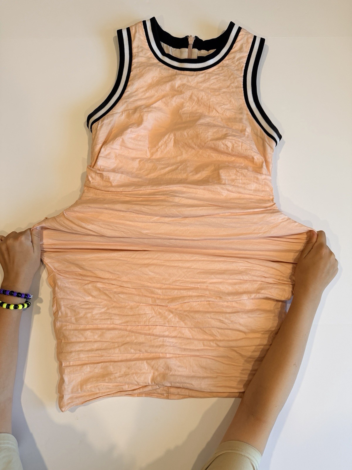 Nicole Miller Collection Peach Ruched Knit Sheath Dress Round Neck Sleeveless 12