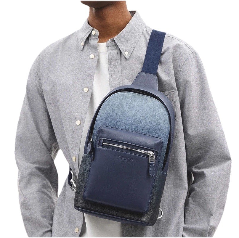 COACH West Pack Sling Bag Ombré Signature Canvas & Leather CDX98 Silver/Blue NWT