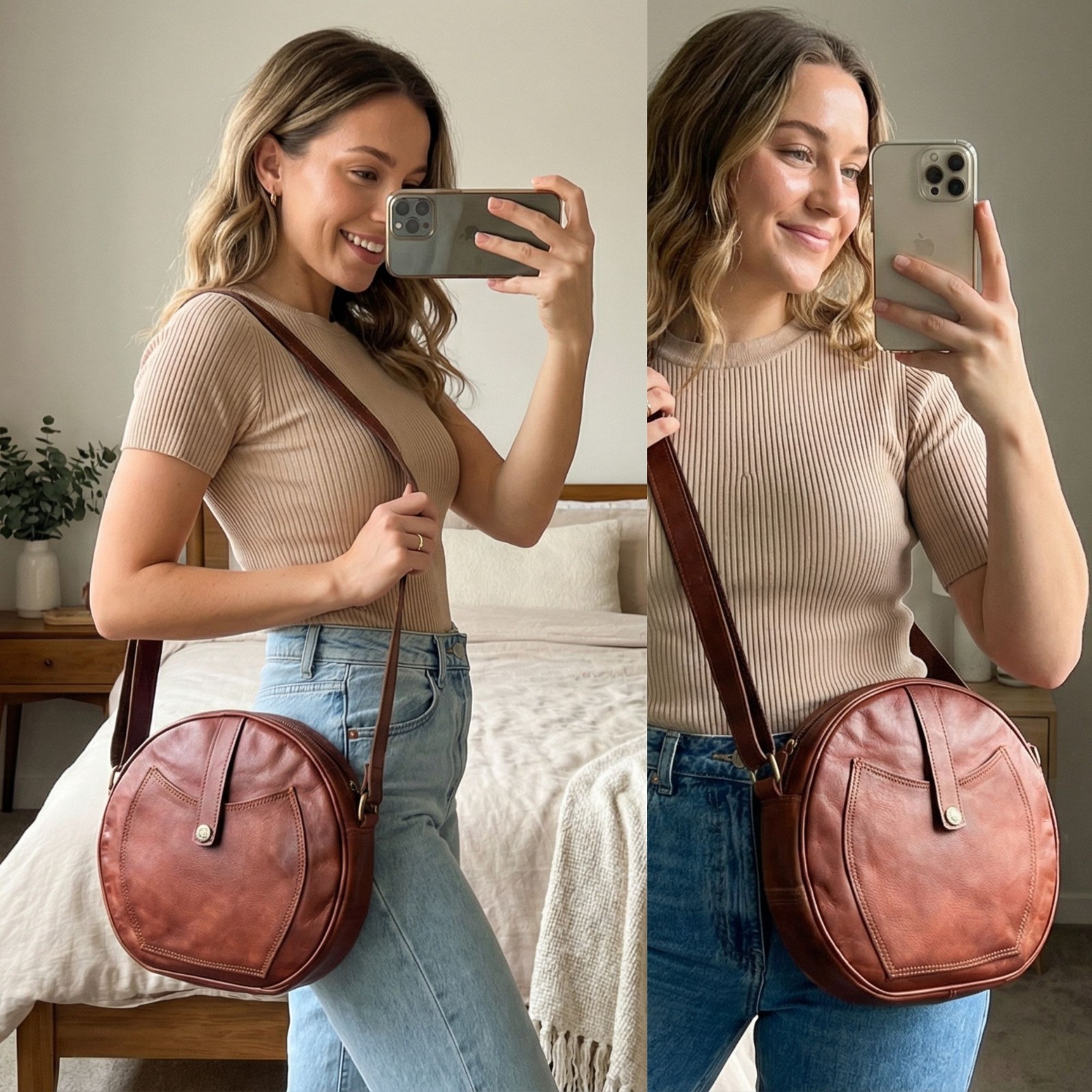 Madosh Womens Genuine Leather Half Circle Round Crossbody Shoulder Hobo Handbag