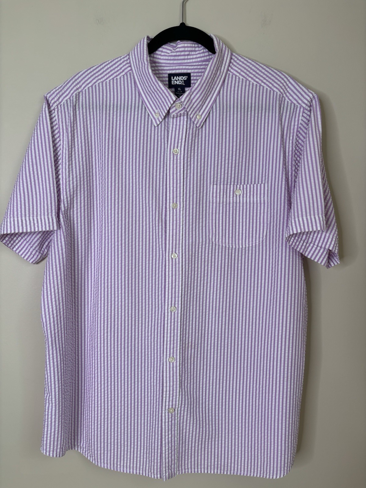 Lands End Men Seersucker Button Down Shirt XL 46-48 Purple/White Short Sleeve