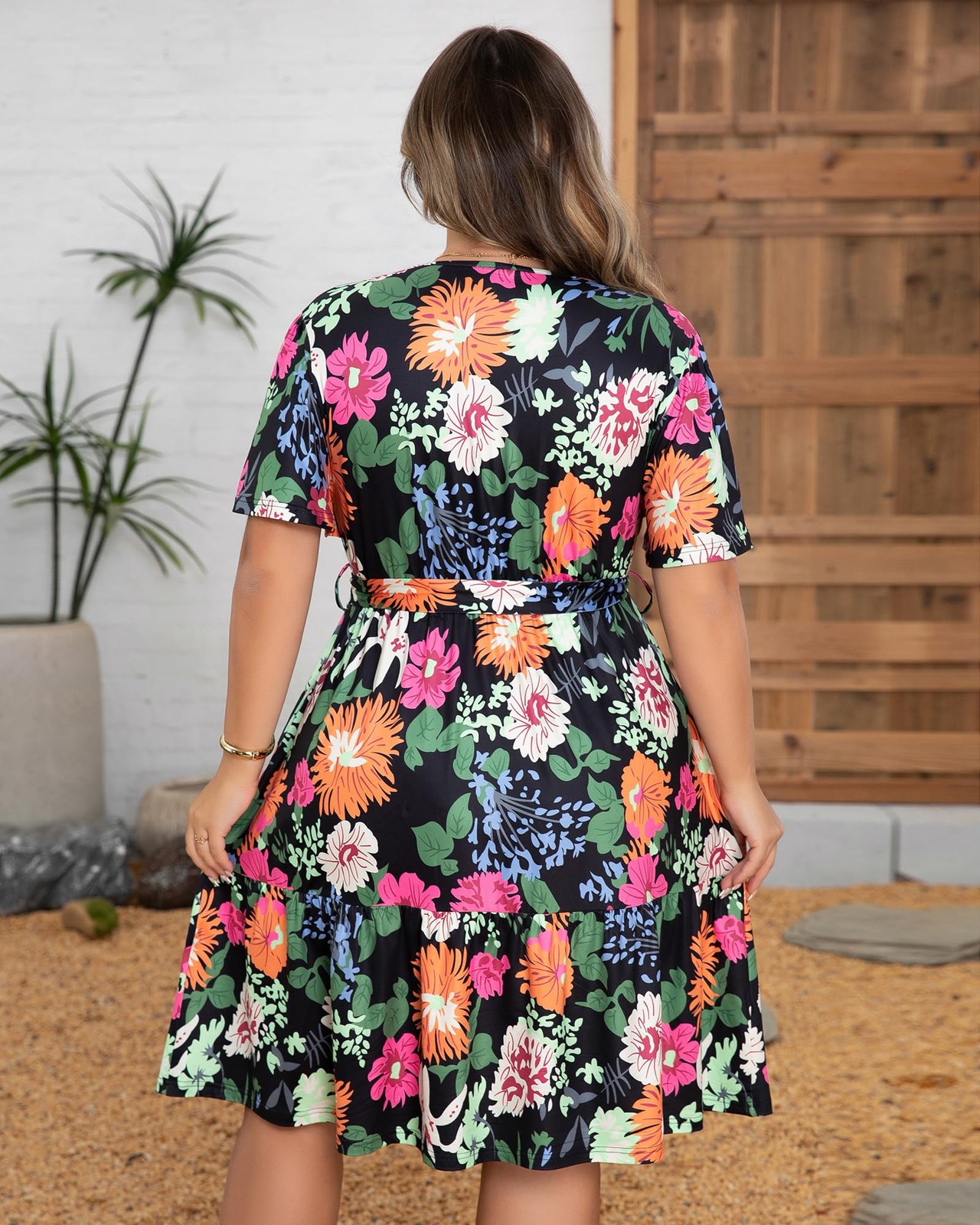 Plus Size Dresses for Curvy Women, Floral Sleeves Tiered 5X-Large, Multicolor