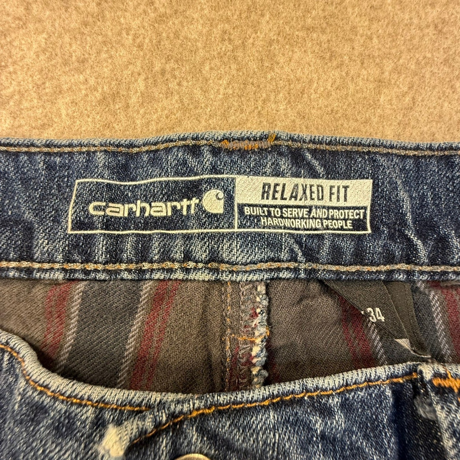Carhartt Mens Relaxed Fit Flannel Lined Jeans Blue Denim Straight Leg 34×34