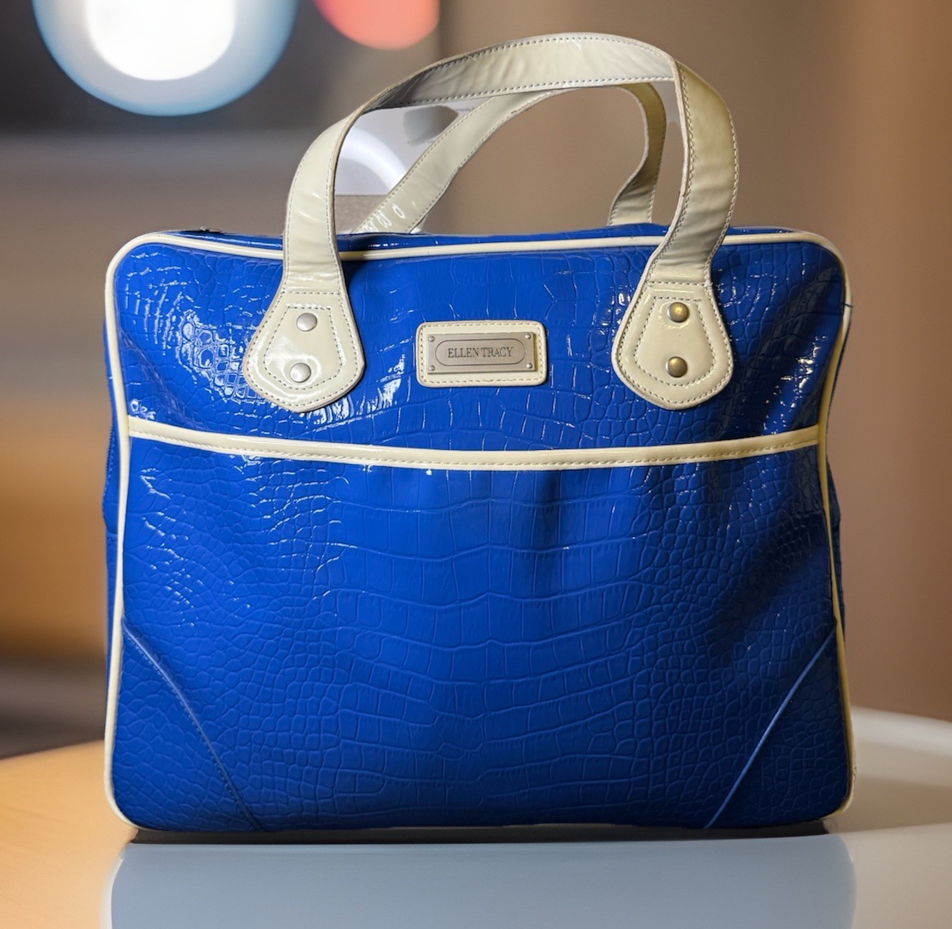 Y2K Ellen Tracy Cobalt Blue Croc Embossed Laptop Bag Tote- Silver Hardware