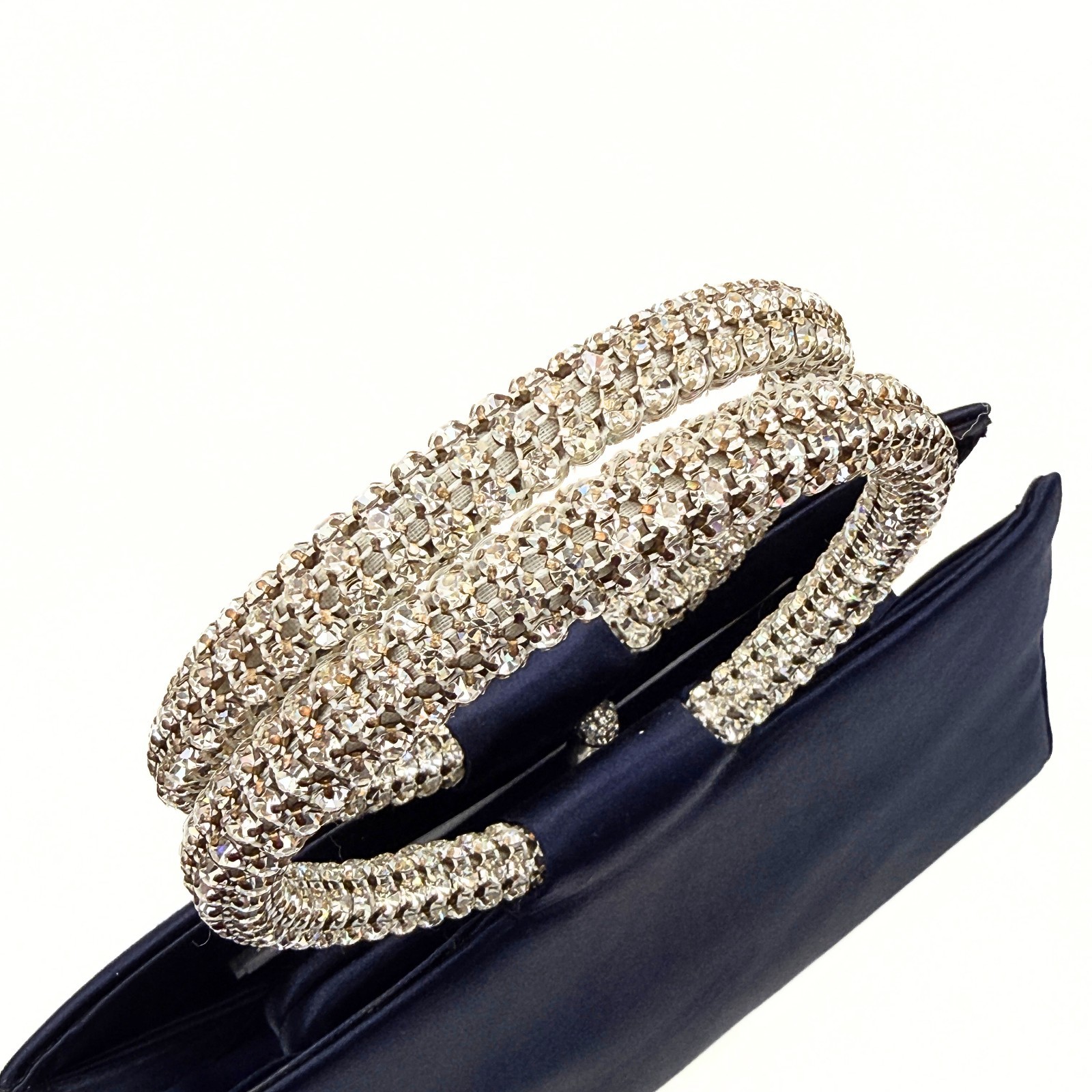 Judith Leiber Midnight Blue Satin Rhinestone O-Ring Top Handle Clutch Bag