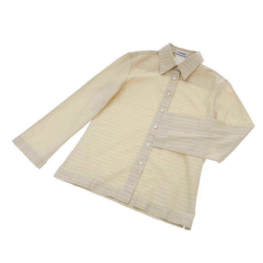 CHANEL Cotton Striped Shirt 3/4 Sleeve Beige Logo 00C Authentic