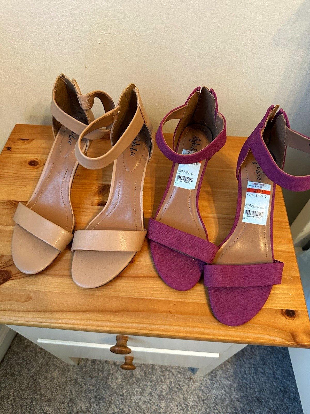 Style & Co Women’s Suede Open Toe Ankle Strap Strappy Heels Beige Purple 8.5