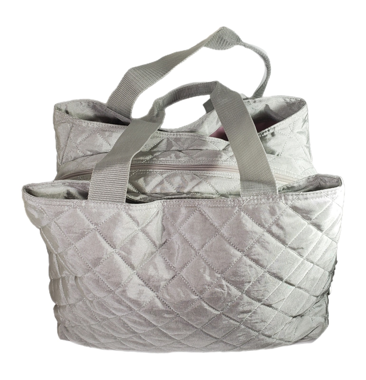 Baggallini Large Quilted Silver & Pink 3 Compartments Tote Travel Bag Purse New