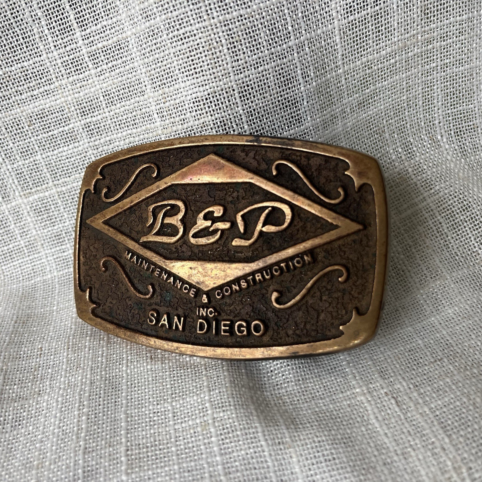 1980s Solid Bronze Belt Buckle – B&P Construction, San Diego California
