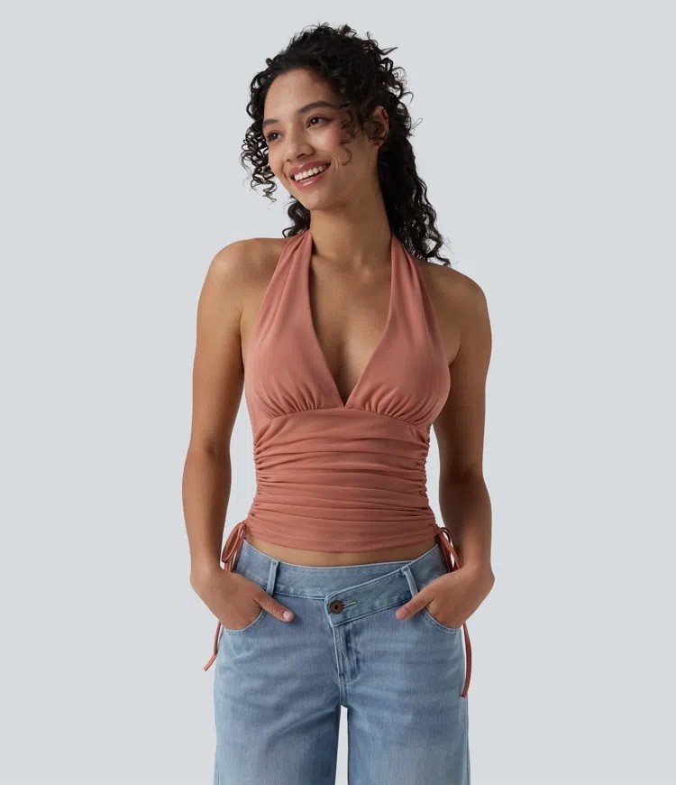 Halara Deep V Neck Halter Ruched Drawstring Casual Boho U2k Org $59 Sz Med