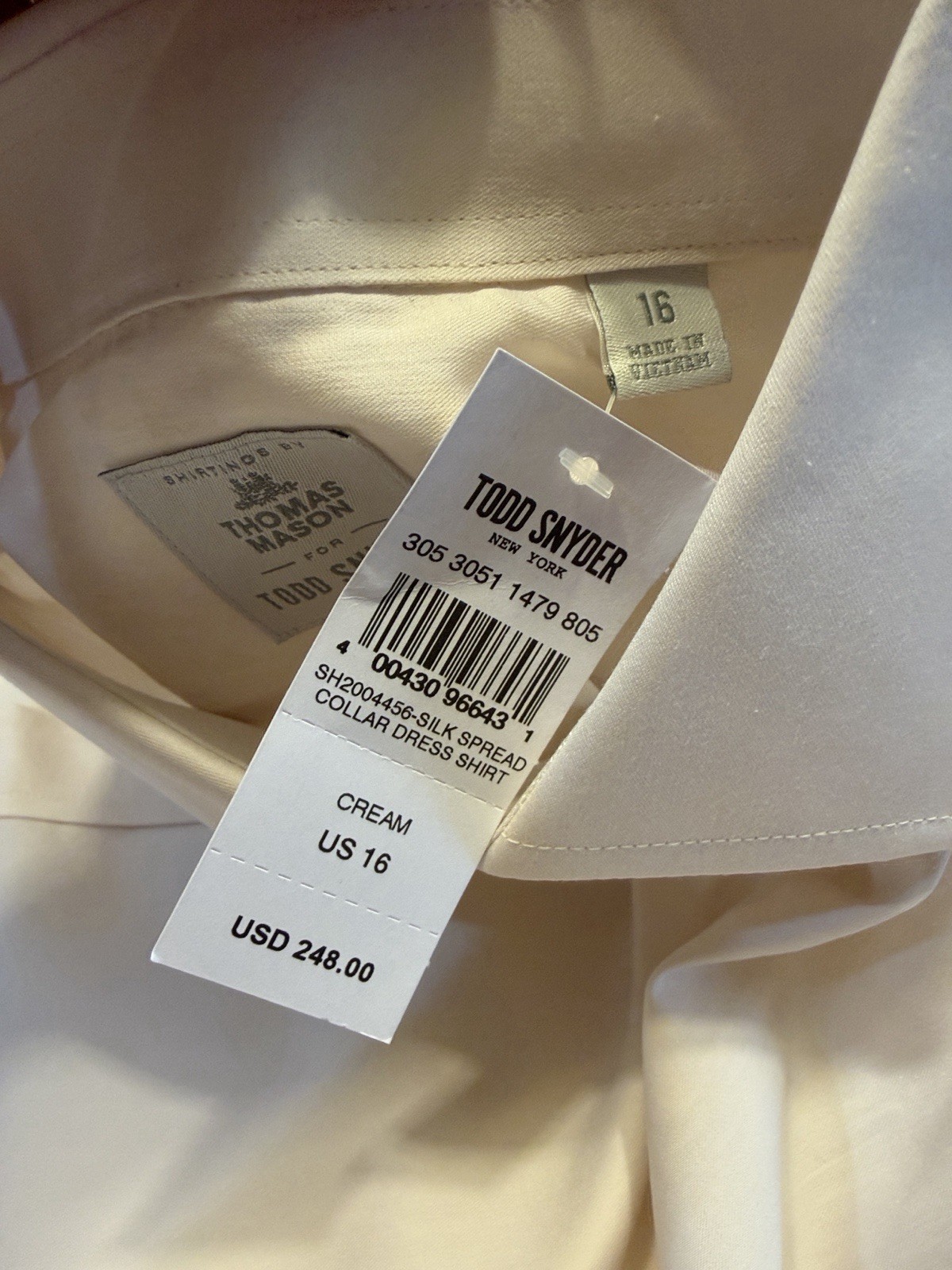 Todd Snyder Cream Silk Spread Collar Dress Shirt. Sz 16. NWT. SEE PICTURES