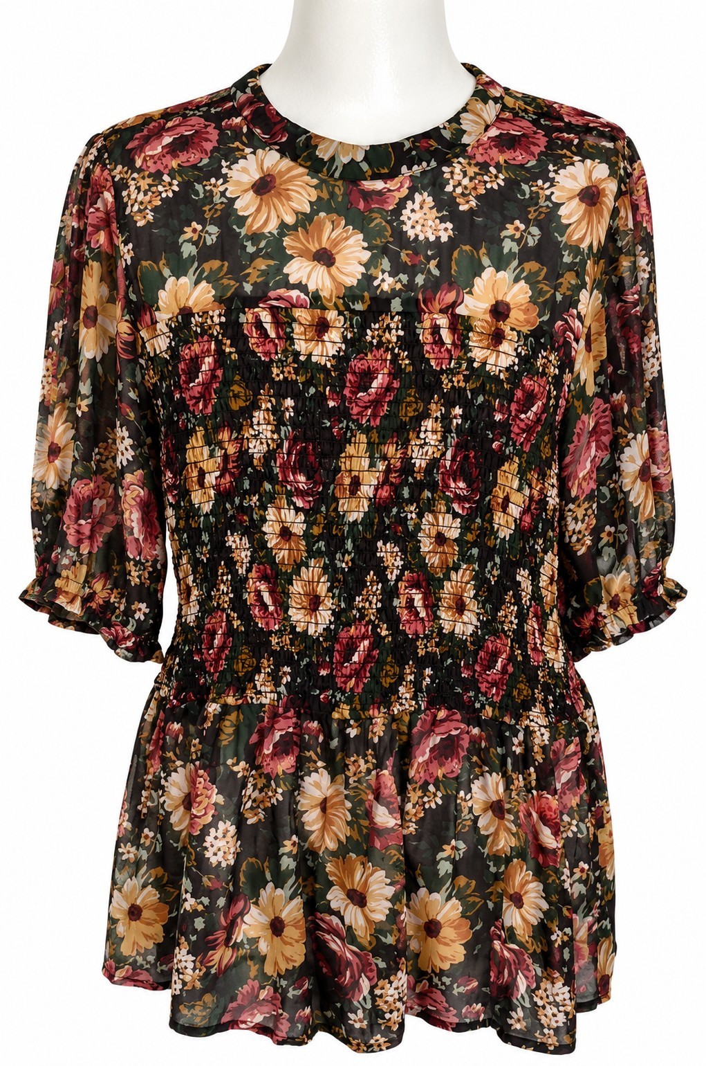 Next Brown Pink Floral Shirred Peplum Blouse Size 20 Boho Party