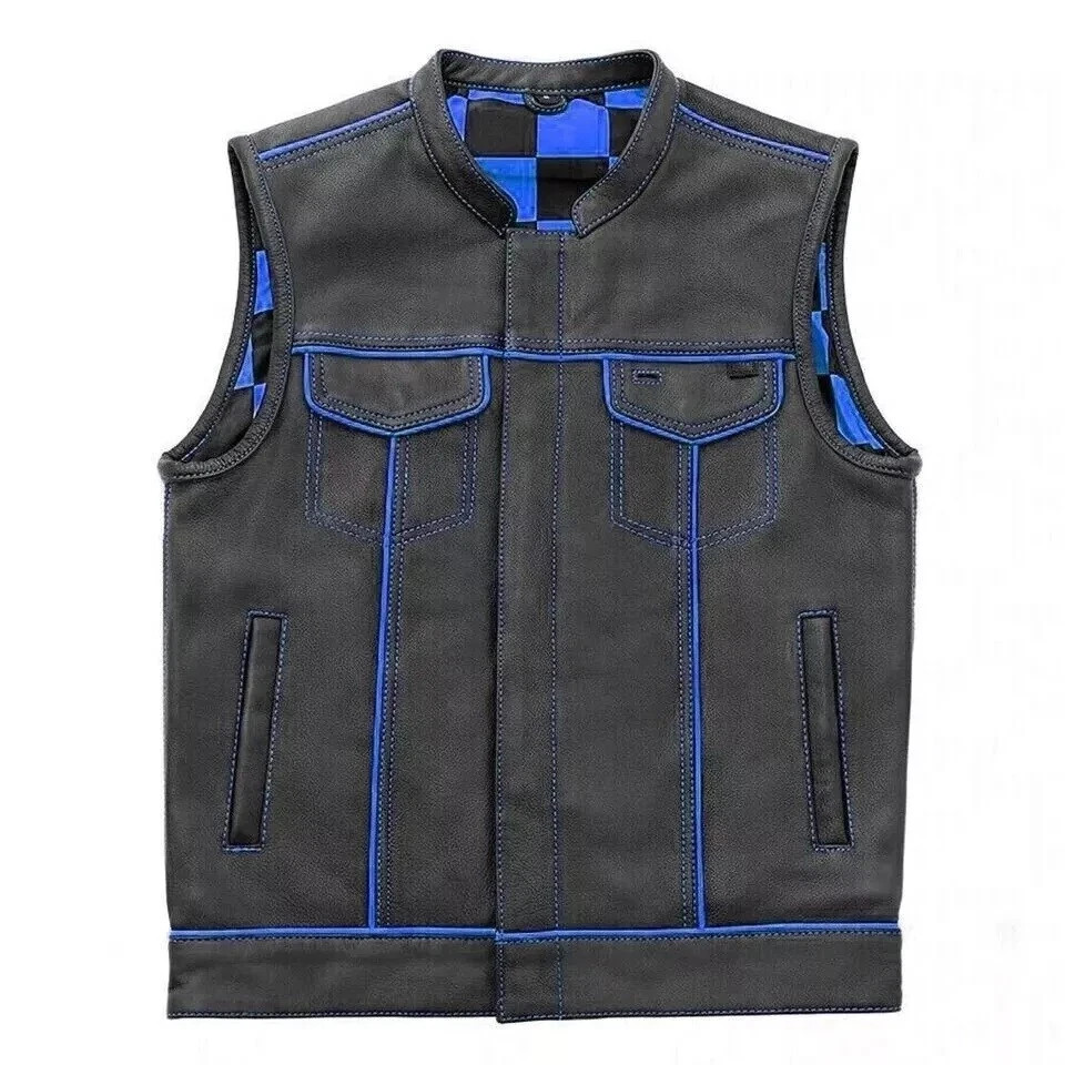 Men’s Handmade Genuine Black Leather Biker Vest with Blue Leather Motorbike Vest