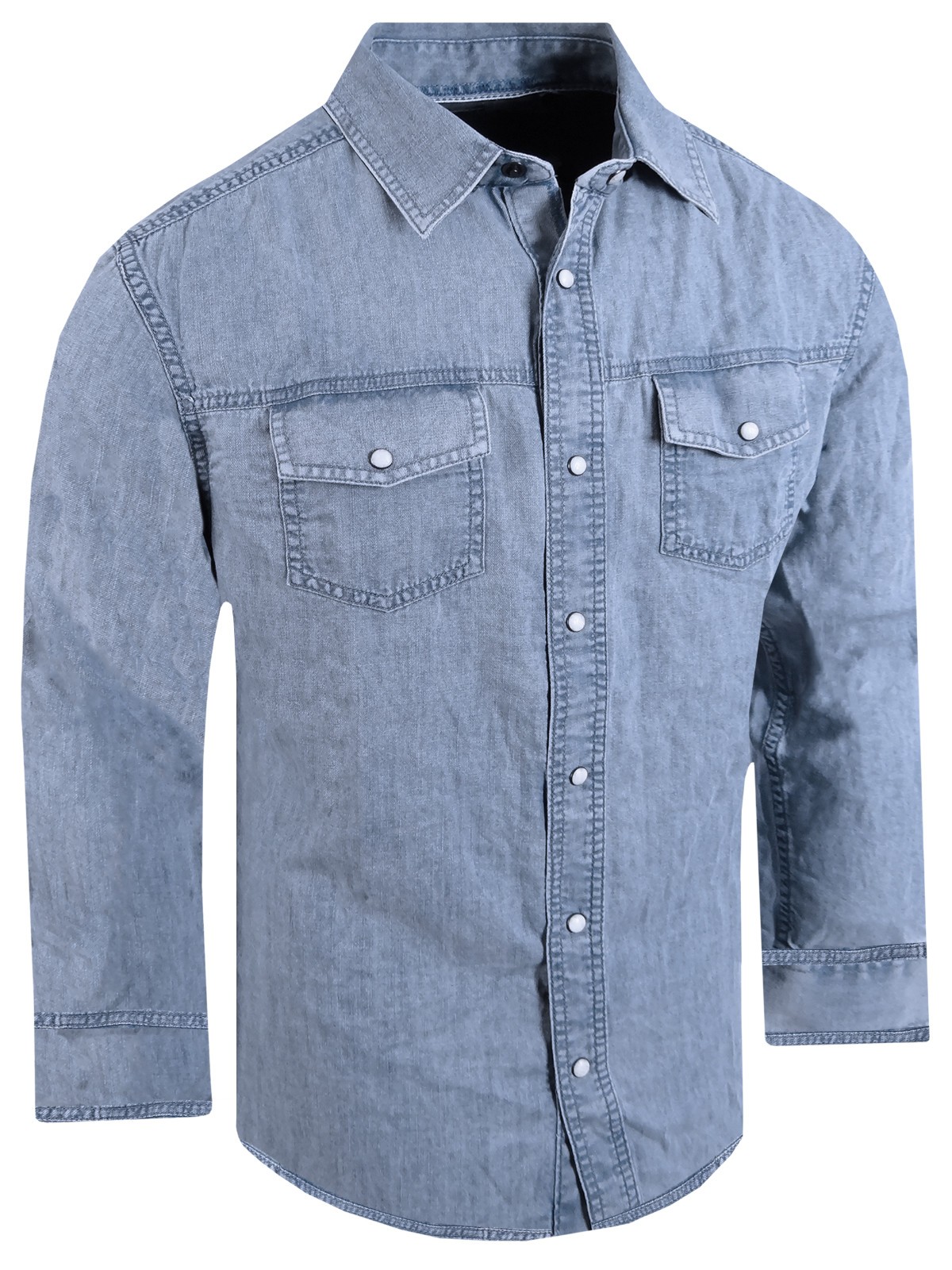 Denim Shirt Light Blue Wash Cotton Men Western Snap Pocket Flaps Matching Stitch