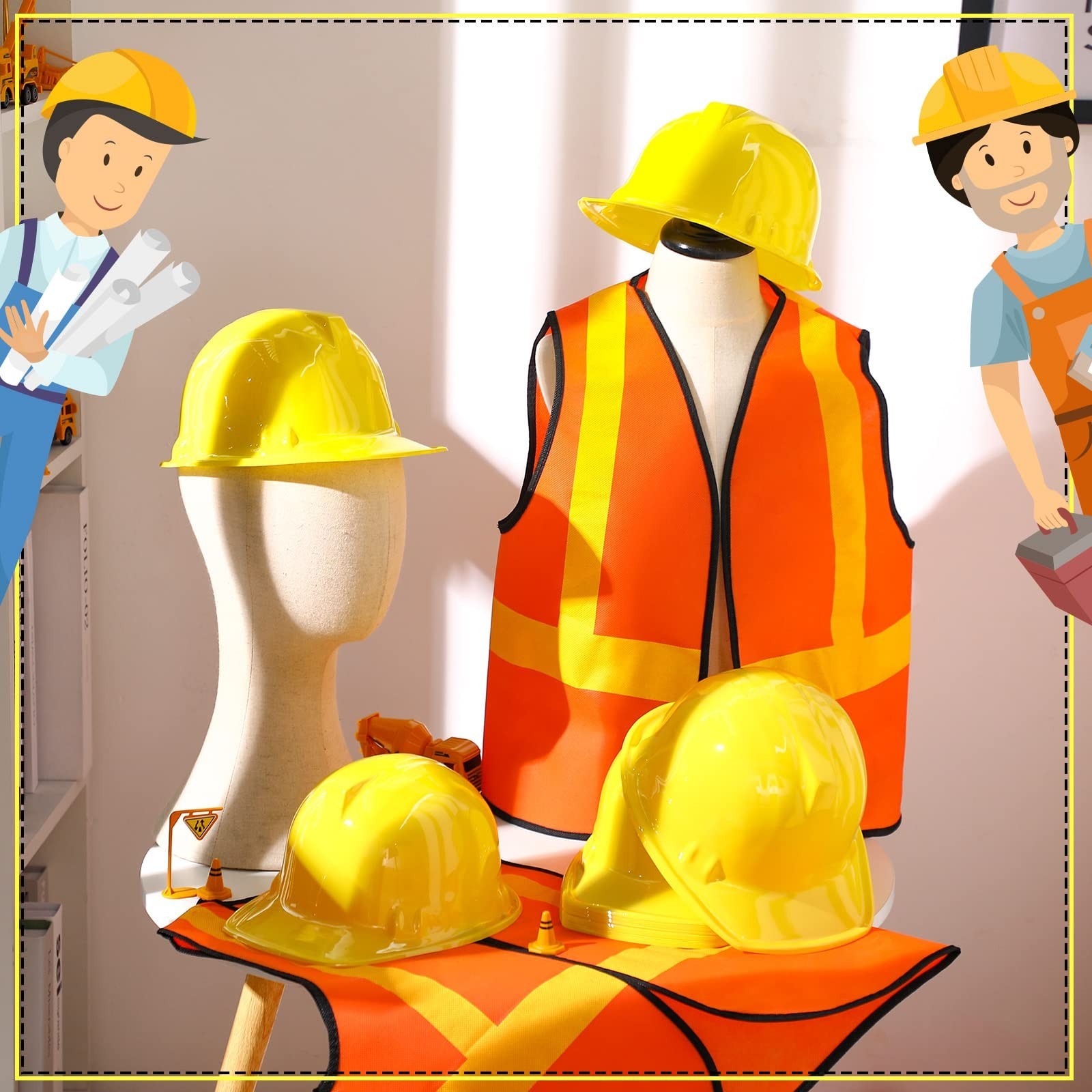 Kids Construction Worker Costume Set – Vests, Hats for Birthday Party & Hallowee
