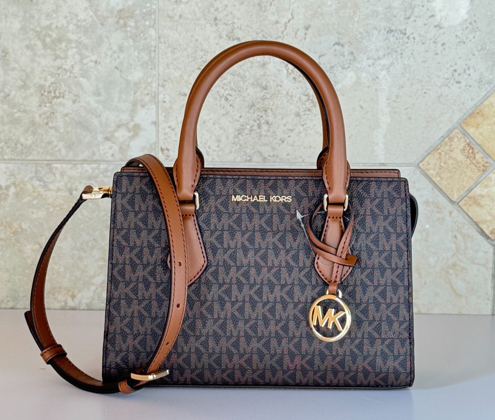 Michael Kors Sheila Small Center Zip Satchel Shoulder Crossbody Bag MK Brown