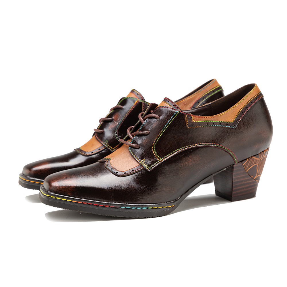 Vintage Spring Summer Ethnic Block Heels Women’s Real Leather Splicing Shoes