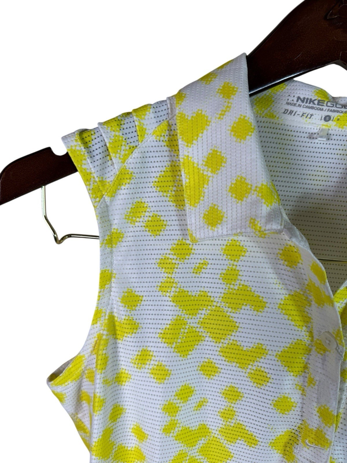Nike Dri-FIT Mesh Sleeveless Golf Polo, White Yellow Geo Patter Small NWOT