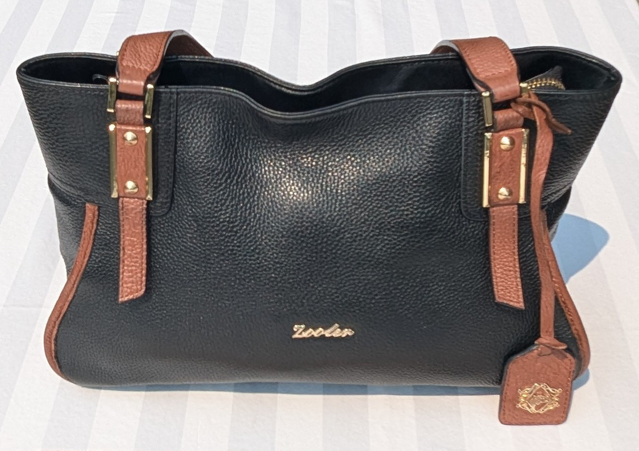 Zooler Black Brown Pebbled Tote Zip Gold Hardware Pockets Lined Bag Charm