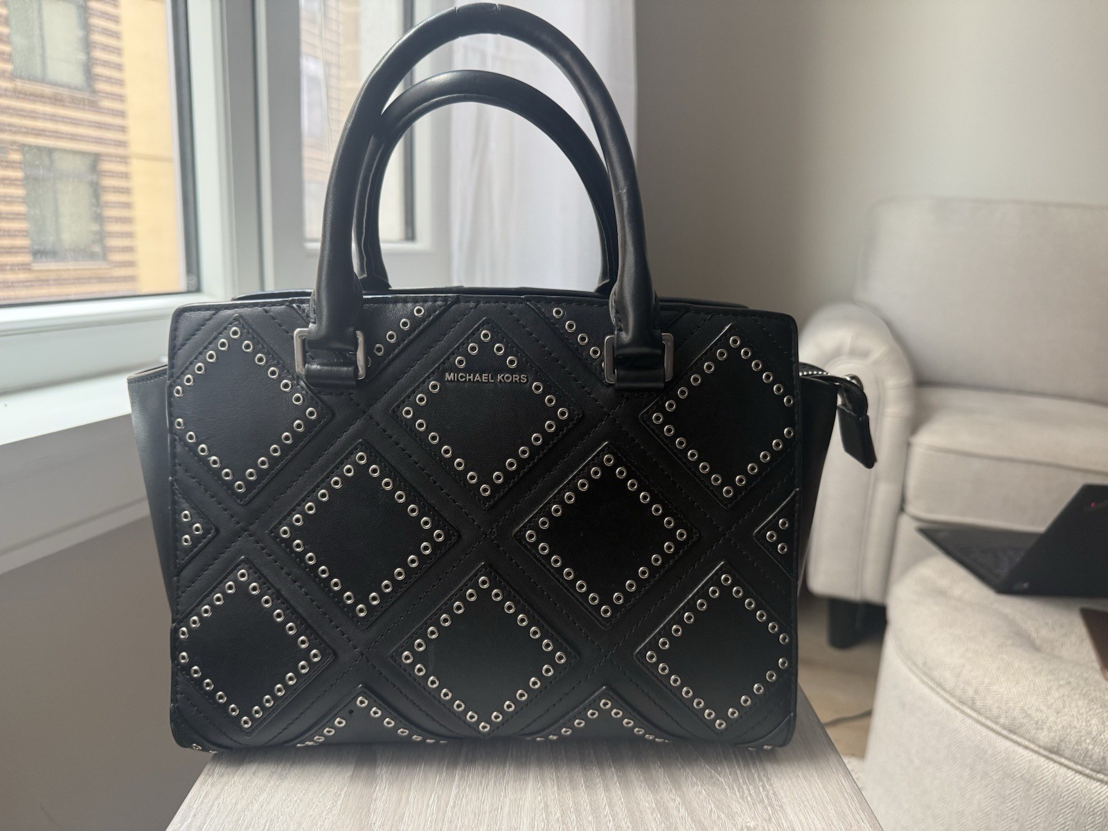 Michael Kors Selma Large Black Leather Grommet Studded Satchel Handbag Silver